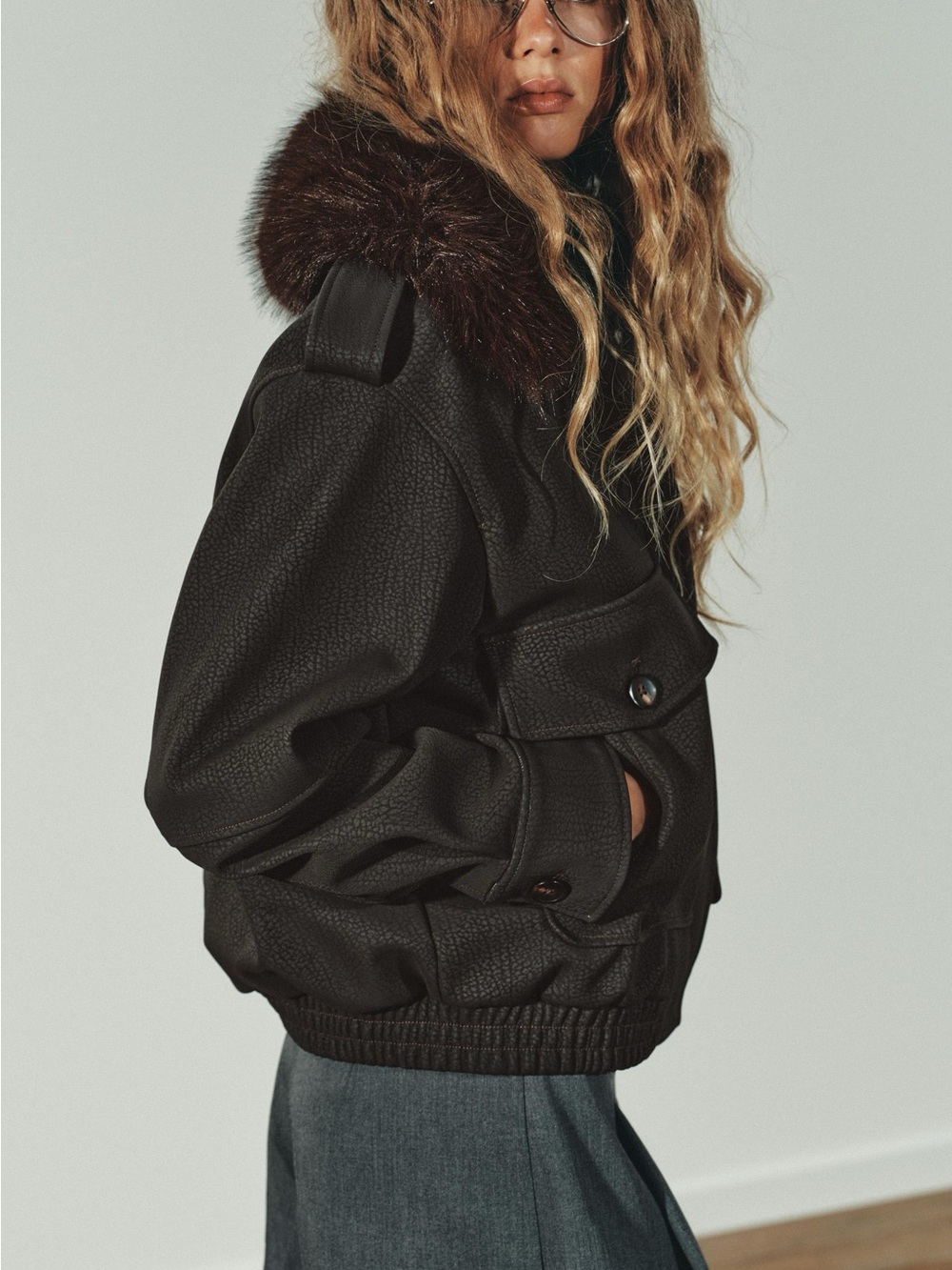Zara Faux leather Women's Black Bomber Jacket with Faux Fur Hood